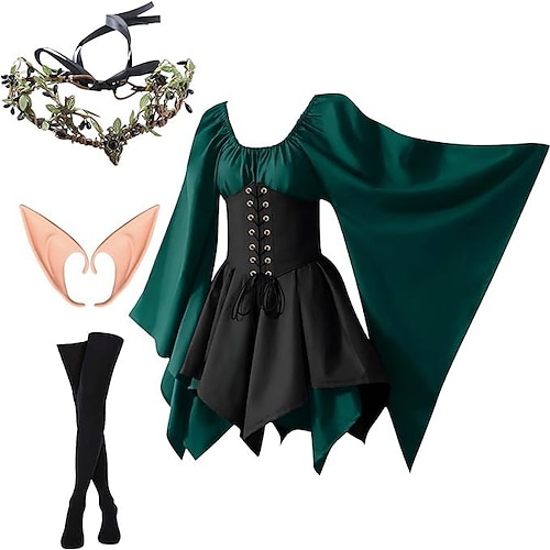 Retro Vintage Mittelalterlich Renaissance Kleid Cosplay Kostüm Fee Elfen Kostüm Damen Keltisch Fantasie Maskerade Leistung LARP Renaissance-Messe Erwachsene Kleid Kopfbedeckung Image