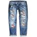 XFHLMJFF Women s Mid Rise Flare Jeans Slim Comfy Stretch Baseball Print Distressed Straight Retro Pants