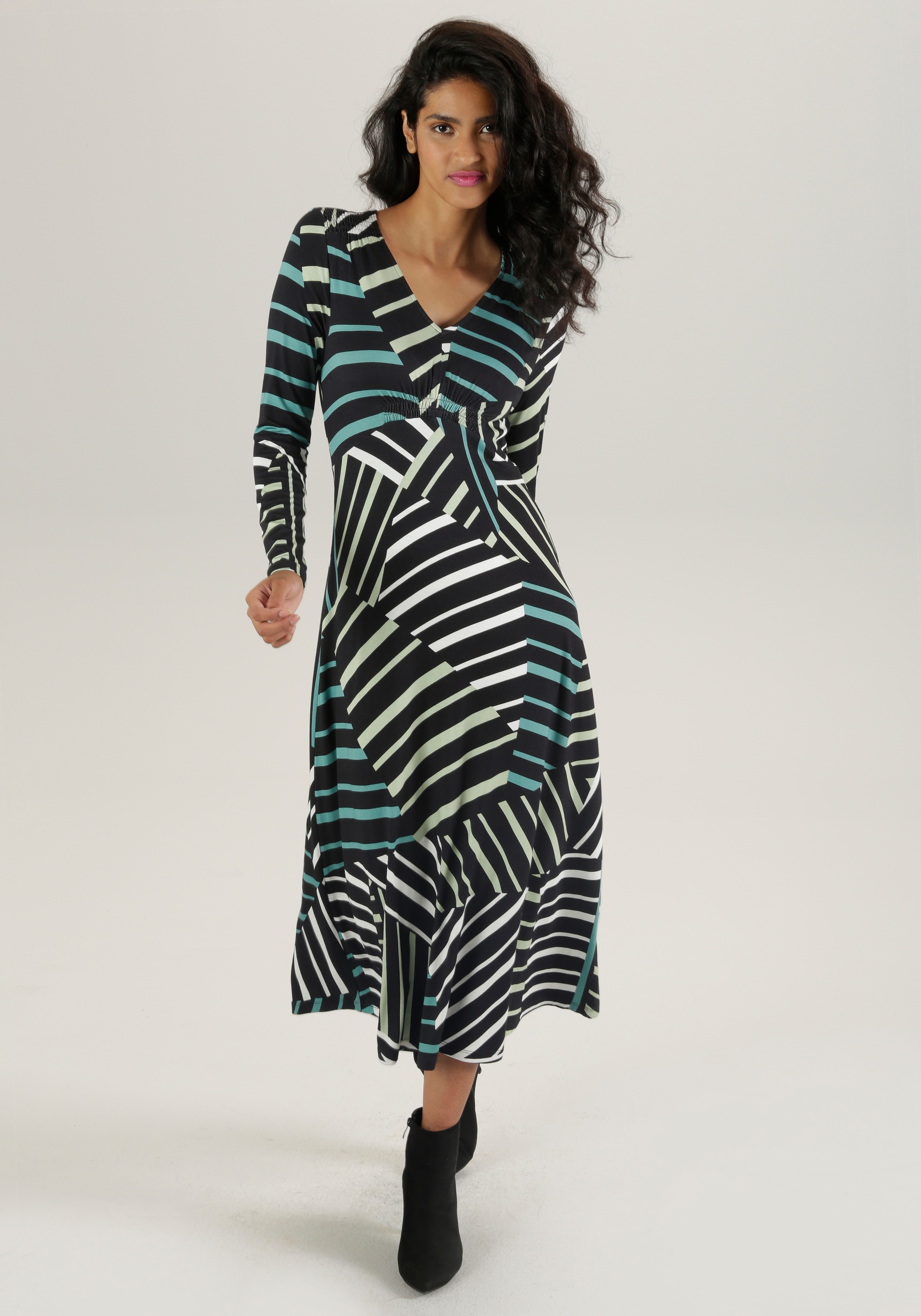 Midikleid ANISTON SELECTED, Damen, Gr. 38, N-Gr, grün (schwarz, weiß, lindgrün, seegrün), Single Jersey, Obermaterial: 95% Viskose, 5% Elasthan, bedruckt, gestreift, figurumspielend, V-Ausschnitt, Kleider Midikleid, mit Smok-Details und Streifendruck