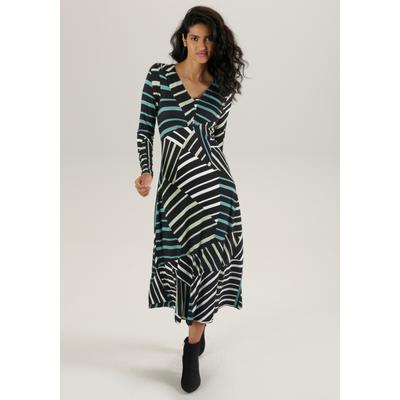Midikleid ANISTON SELECTED, Damen, Gr. 36, N-Gr, grün (schwarz, weiß, lindgrün, seegrün), Single Jersey, Obermaterial: 95% Viskose, 5% Elasthan, bedruckt, gestreift, modisch, figurumspielend, V-Ausschnitt, Langarm, Kleider, mit Smok-Details und... Image