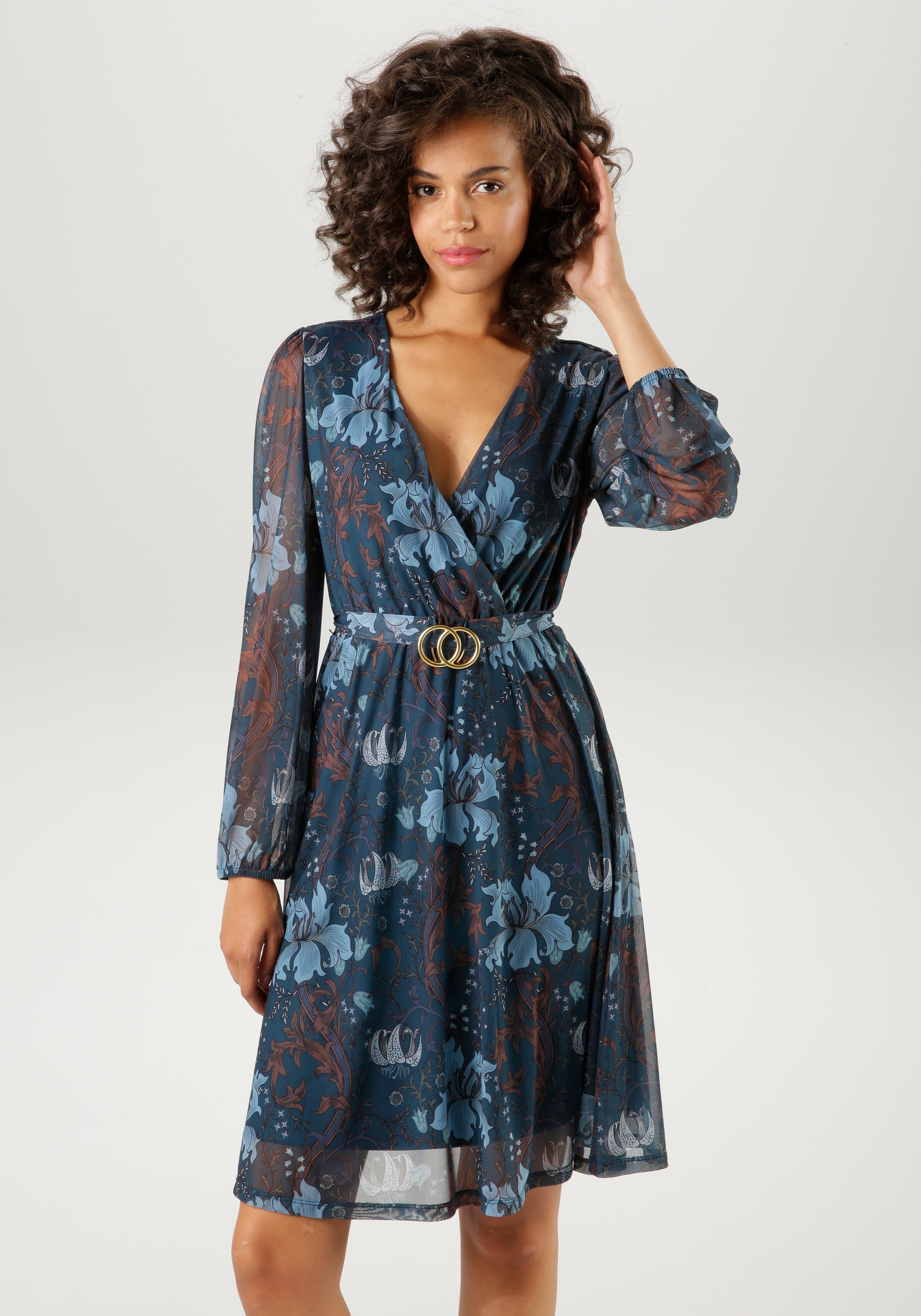 Blusenkleid ANISTON CASUAL, Damen, Gr. 48, N-Gr, blau (petrol, hellblau, braun wollweiß, grün, lila), Mesh, Obermaterial: 95% Polyester, 5% Elasthan. Futter: 100% Polyester, bedruckt, geblümt, figurumspielend kniefrei, V-Ausschnitt, elastischer Bund...