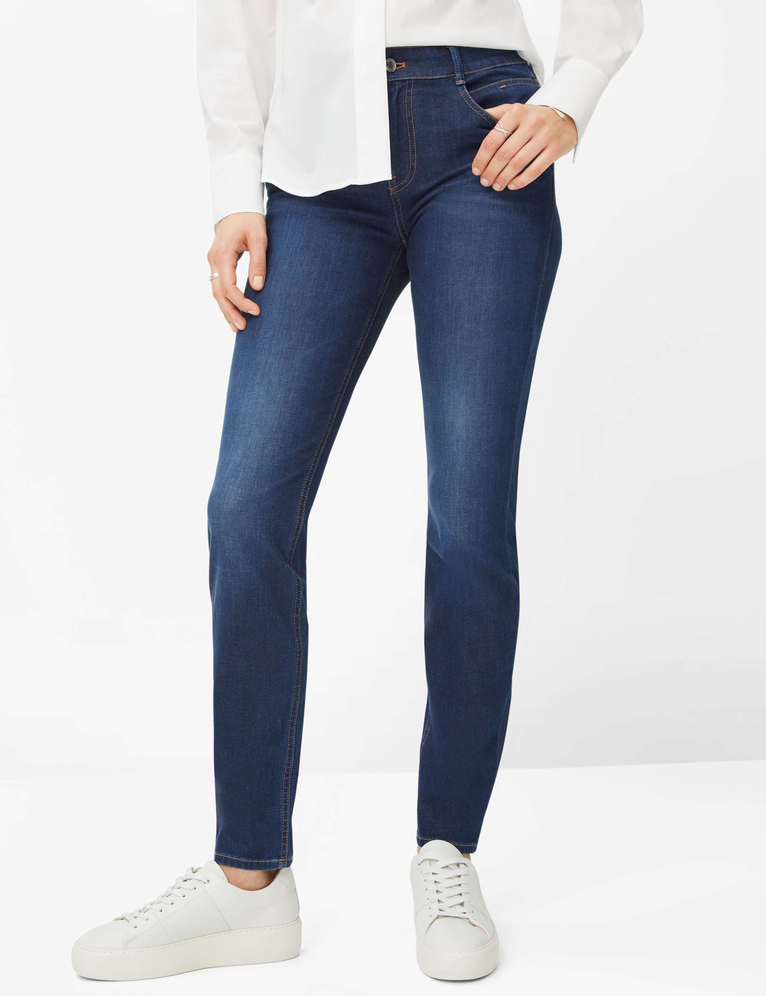 5-Pocket-Jeans BRAX "Style SHAKIRA", Damen, Gr. 36K18, Kurzgrößen, blau (dunkelblau), Denim/Jeans, 74% Baumwolle, 12% Elastomultiester, 10% Polyester, 4% Elasthan, slim fit, Jeans Image