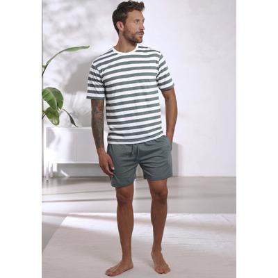 Pyjama H.I.S, Herren, Gr. 52/54 (L), grün (grün, creme), Jersey, Obermaterial: 60% Baumwolle, 40% Polyester, gestreift, Basic, bequem kurz, Rundhals, Kurzarm abgesteppte Kante, Homewear-Sets, Schlafanzug aus Baumwoll-Mix Image