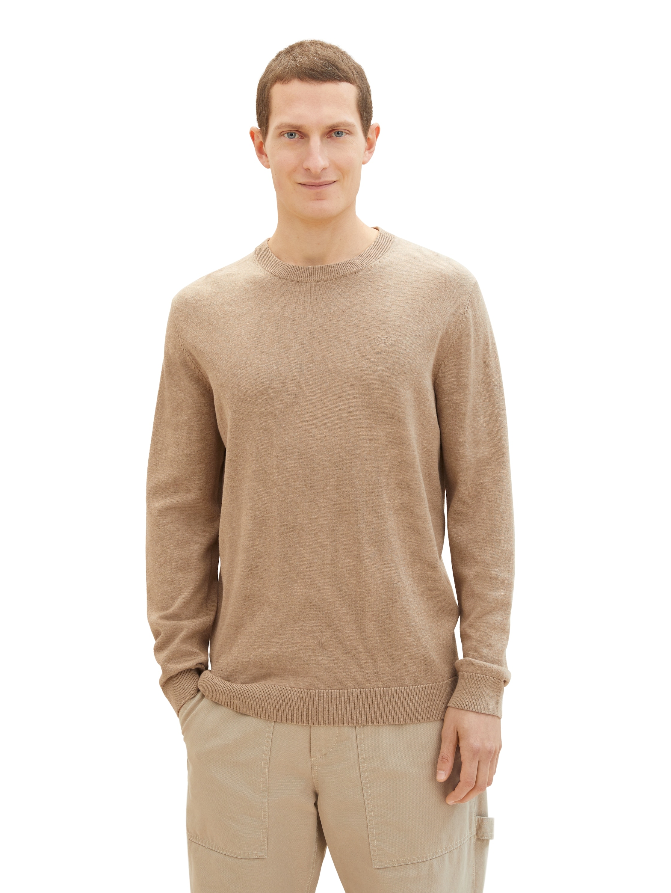 Rundhalspullover TOM TAILOR, Damen, Gr. 3XL, beige (beige meliert), Strick, Obermaterial: 100% Baumwolle, meliert, regular fit hüftbedeckend, Rundhals, Bündchen, Pullover Rundhalspullover, mit Logostickerei