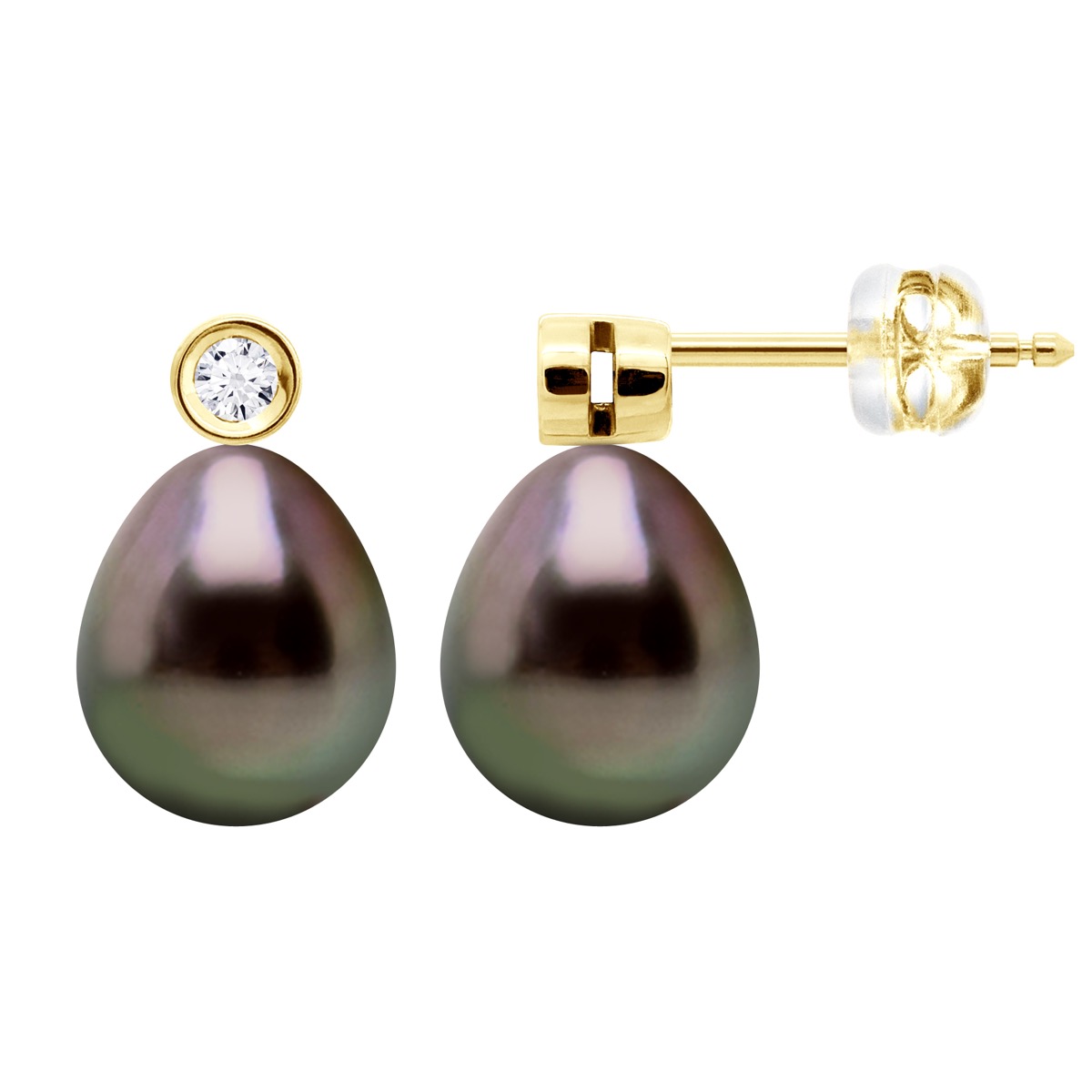 Ohrringe Prestige – Diamanten 0,02 ct – Gelbgold – echte Tahiti-Zuchtperlen, Birne 9–10 mm Image