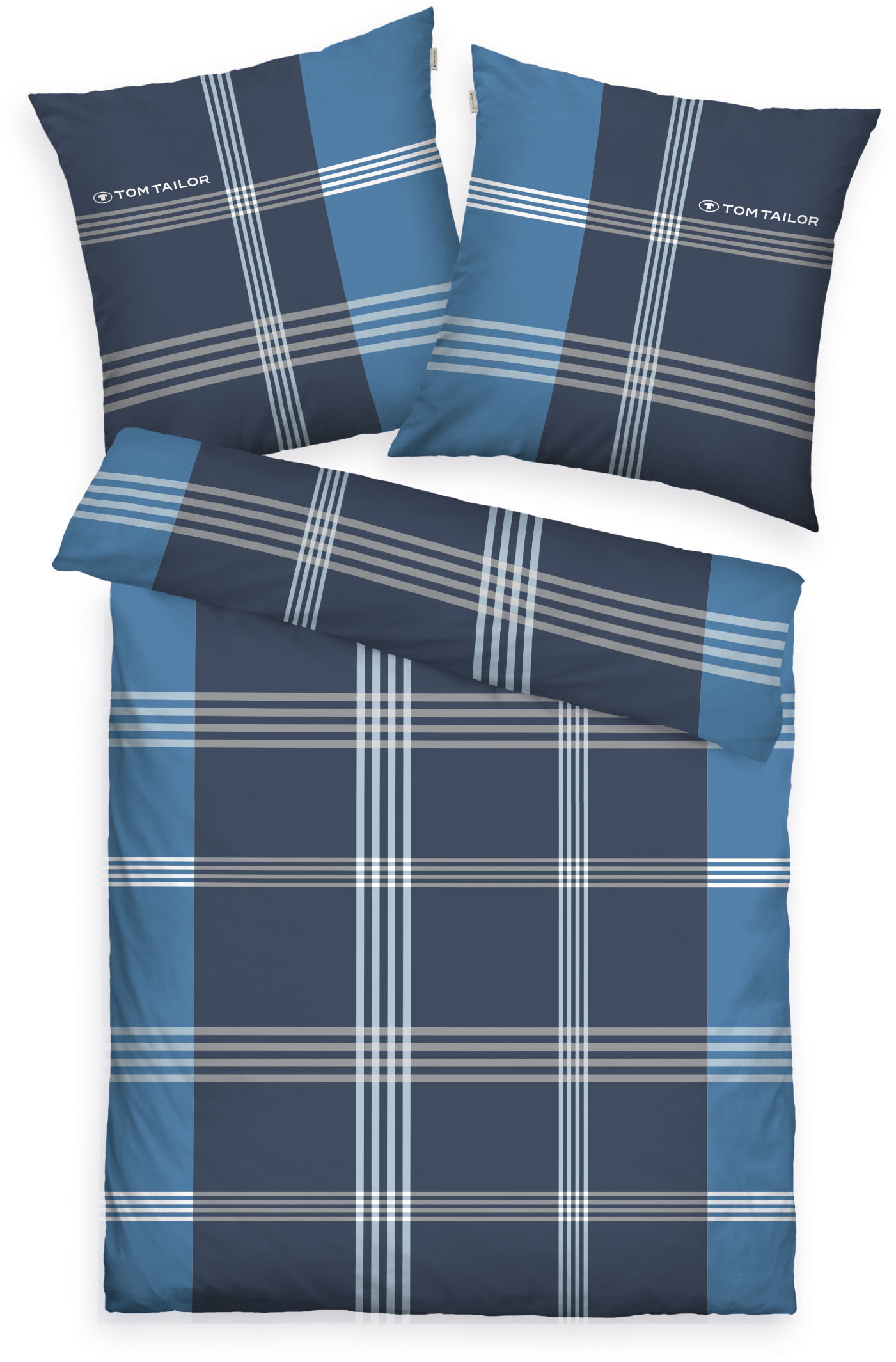 Bettwäsche TOM TAILOR HOME "Ole", blau (blau, marine), B/L: 200cm x 200cm, 1 Stk., 2 Stk., Renforcé, B/L: 80cm x 80cm & 80cm x 80cm, 3 Stk., Renforcé, Obermaterial: 100% Baumwolle, Bettwäsche, Bettwäsche, karierte Bettwäsche aus Baumwolle, mit...