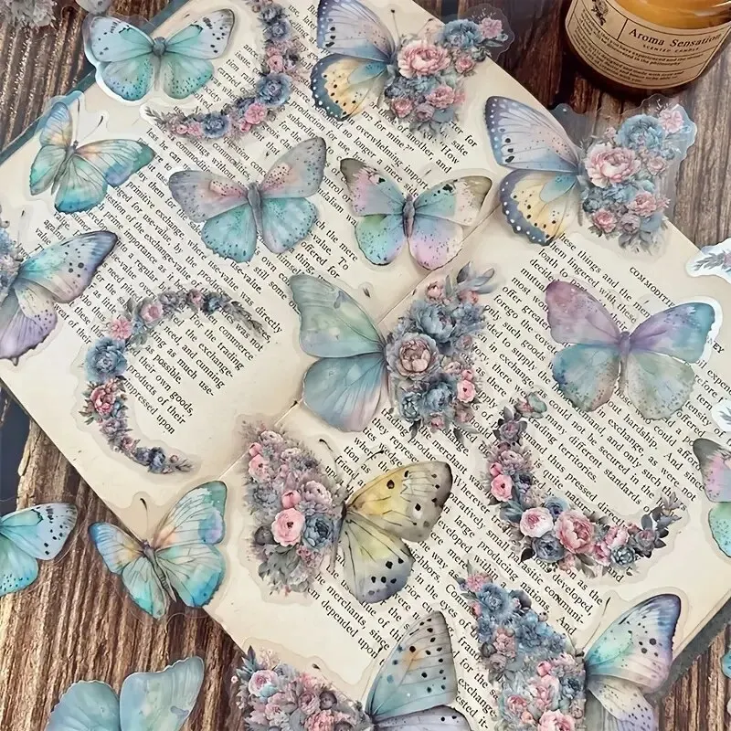 30 Stück dekorative Aufkleber zum Selbermachen mit Schmetterlings- und Blumenmotiv, dekorative Aufkleber für Scrapbook-Etikett, Tagebuch, Album, Planer Image