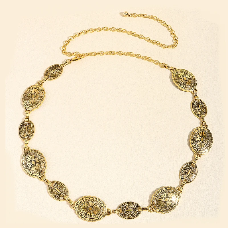Chaîne de taille en métal pour femmes, accessoires de style rétro, cercle décoratif sculpté, ceinture, accessoires de style haut