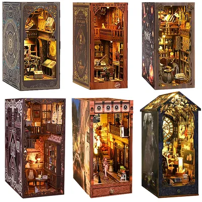 Bookshelf Set Wooden Doll House DIY Book Nook Kit 3D Puzzle Bookshelf Insert Decor With LED Light Dollhouse Model Birthday Gifts