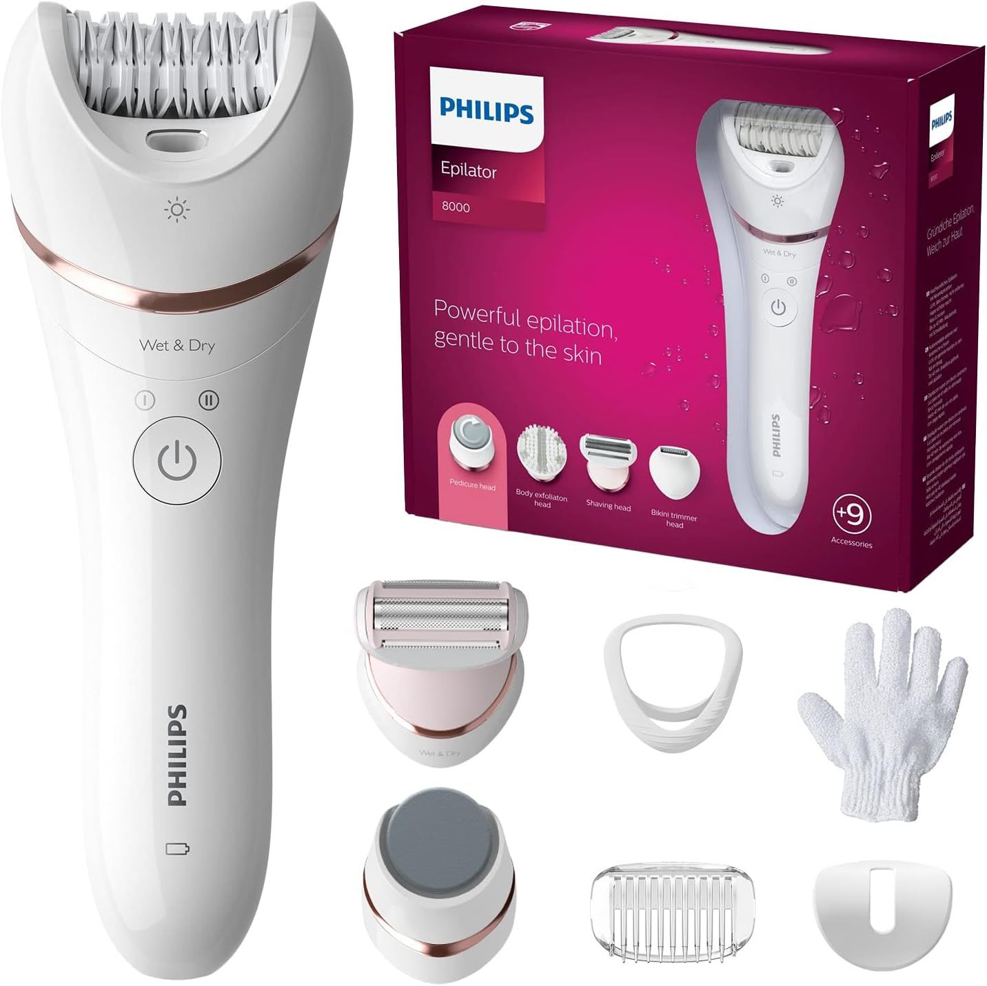 Epilatore Philips - incl. 9 accessori, cordless con funzione wet e dry