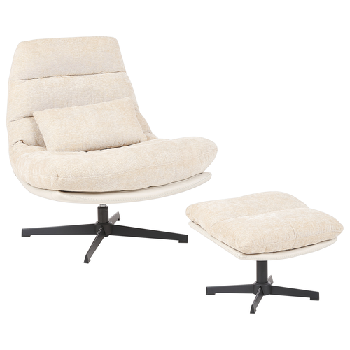 Sessel mit Hocker Hellbeige Chenille Stoff Gesteppt Drehfunktion Dicke Polsterung Ohne Armlehnen Retro Wohnzimmer Schlafzimmer Flur Ausstattung