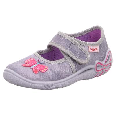 Hausschuh SUPERFIT "BELINDA WMS: mittel", Kinder, Gr. 34, pink (hellgrau, pink schmetterling), Baumwolle, metallisierte Fasern, sportlich, Schuhe, Kindergartenschuh mit Motivdruck, Größenschablone zum Download Image