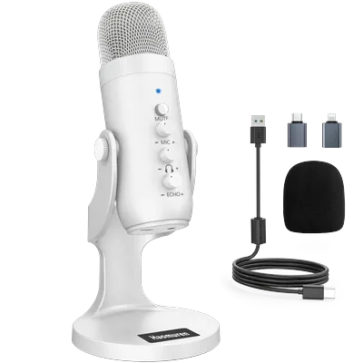 Haomuren Professional White USB Condenser Microphone Studio Recording Mic for PC Computer Phone