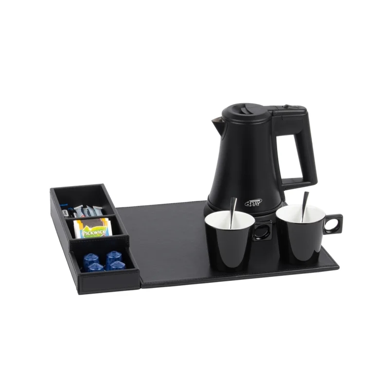 Willkommenstablett SNAP Schwarz mit Wasserkocher STAR 0,5 L Schwarz und 2 schwarze Porzellantassen Image