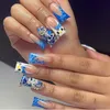 Y2k Enten presse auf Nägeln 24 stücke niedlichen hello kitty Design gefälschte Nagel blau Strass Dekor Acryl Französisch Nagels pitzen Party Geschenk