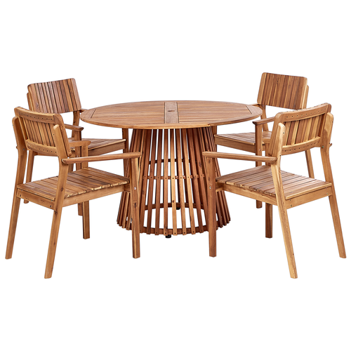 Gartenmöbel Set Hellbraun Akazenholz 5-Teilig Runder Tisch ⌀ 120 cm mit 4 Stühlen Lattenoptik Runstikales Design Outdoor Terrasse Garten