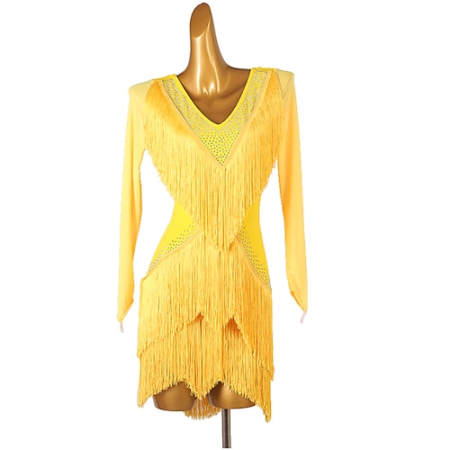 Tanz-Salsa-Latin-Tanzkleid mit Fransen, Quasten, Kristallen/Strasssteinen, Damen, Performance-Training, lange Ärmel, Chinlon Image