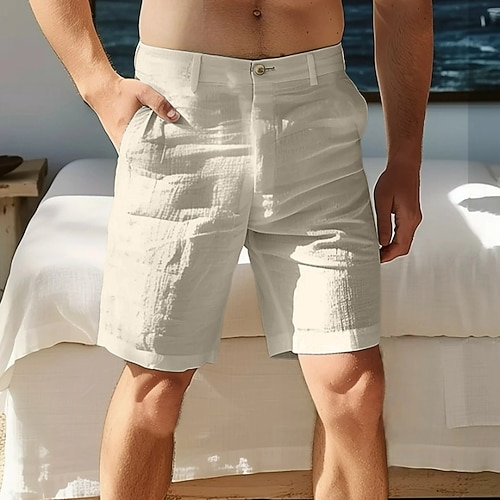 Herren Shorts Leinenshorts Schicke Shorts Sommershorts Reißverschluss Tasche Knöpfe Einfach Komfort Weich Knielang Outdoor Täglich Ausgehen Mode Streetwear Weiß Himmelblau Image
