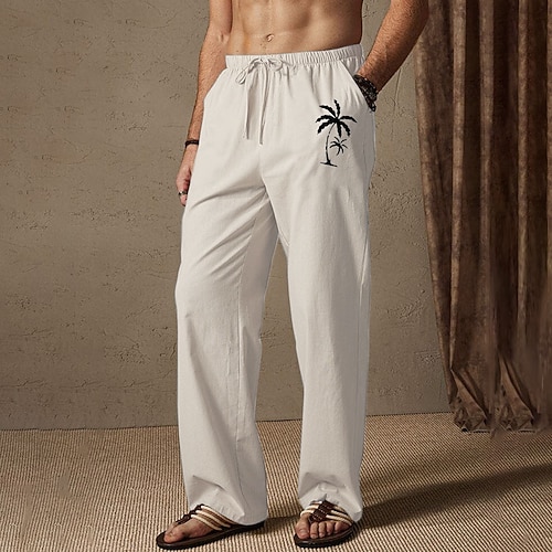Herren Sommerhose Elastischer Bund Baum Kokospalme Komfort Volle Länge Outdoor Streetwear Urlaub Hawaiianisch Weiß Blau Mikroelastisch Image