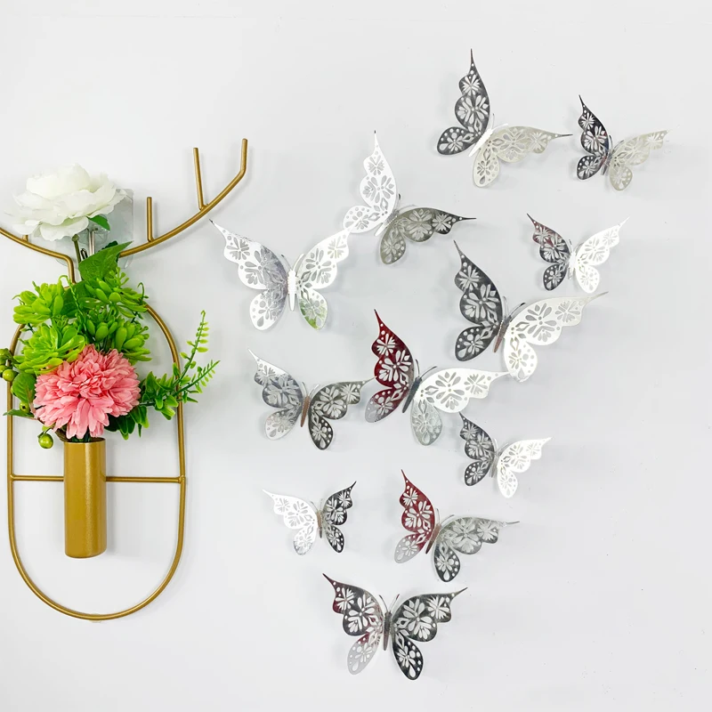 12 Stücke 3D Hohl Gold Und Silber Schöne Schmetterling Wandaufkleber Wohnzimmer Sammeln Dekoration Party Schmetterling Wandtattoo