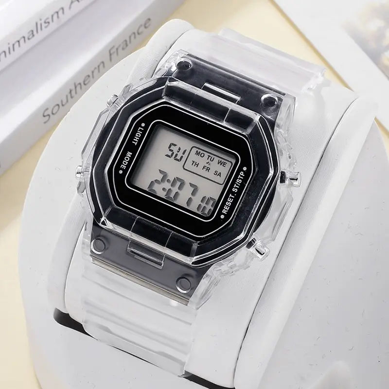 Montre de sport électronique carrée pour hommes et femmes, lycéens, montres numériques LED noires et grises