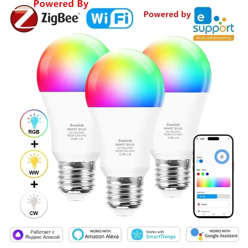 Ampoule LED WiFi E27 85-265V pour Zigbee Smart Alexa, variateur EWelink Google, commande vocale RGB, décoration de chambre à coucher, 1 pièce