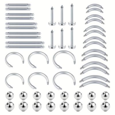 52pcs 4-20mm Stainless Steel Barbell Piercing Kit, Tragus Cartilage Helix Earrings, Tongue Nipple Lip Barbell Rings Replacement Balls, Body Piercing Jewelry For Men