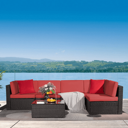 Lacoo 6 Pieces Outdoor Indoor Sectional Sofa Set PE Wicker Rattan Sectional Seating Group with Cushions and Table Red