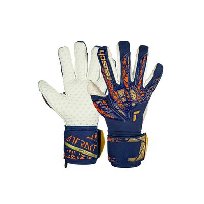 Torwarthandschuhe REUSCH "Attrakt SpeedBump", Damen, Gr. 9,5, bunt (goldfarben, blau), 69% Elastodien, 26% Polyester, 5% Polyamid, mehrfarbig, sportlich, Handschuhe, mit Evolution Negative Cut Image