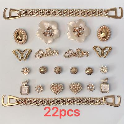20/22pcs Fashion Shoe Accessories For , Five-leaf Flower Heart Oval Small Golden Egg Perfume Brand Plus Rhinestone Chain And Cute Shoe Accessories, Holiday Gift, Party Favor