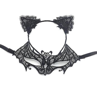 Spitzen-Maskerade-Maske für Frauen, schwarze Maskerade-Maske für Frauen, Katzenmaske, Katzenohr-Stirnband mit Herz-Halsband Image