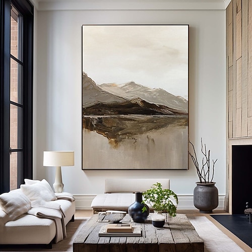 Landschaftsölgemälde handgemachtes beiges abstraktes Gemälde handgemaltes beiges Ölgemälde braunes Gemälde strukturierte minimalistische Kunst Bergkunst Gemälde für Wohnzimmer Schlafzimmer Image