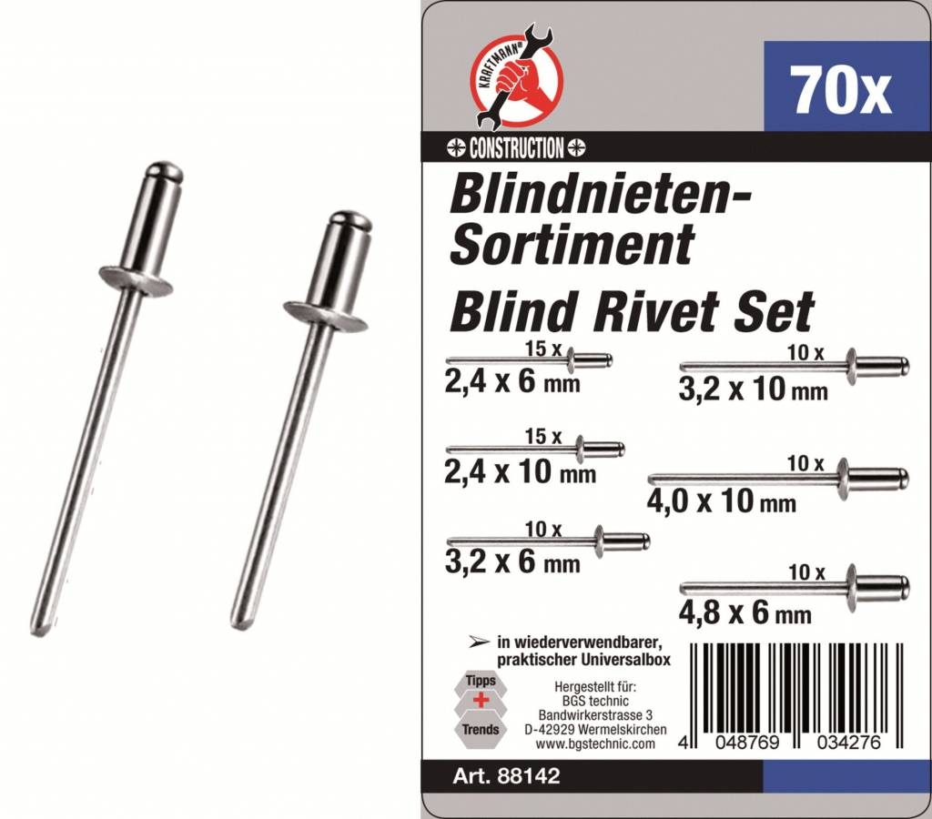 Kraftmann 88142 Blindnieten Nieten Sortiment 70tlg 2,4 bis 4,8mm Image