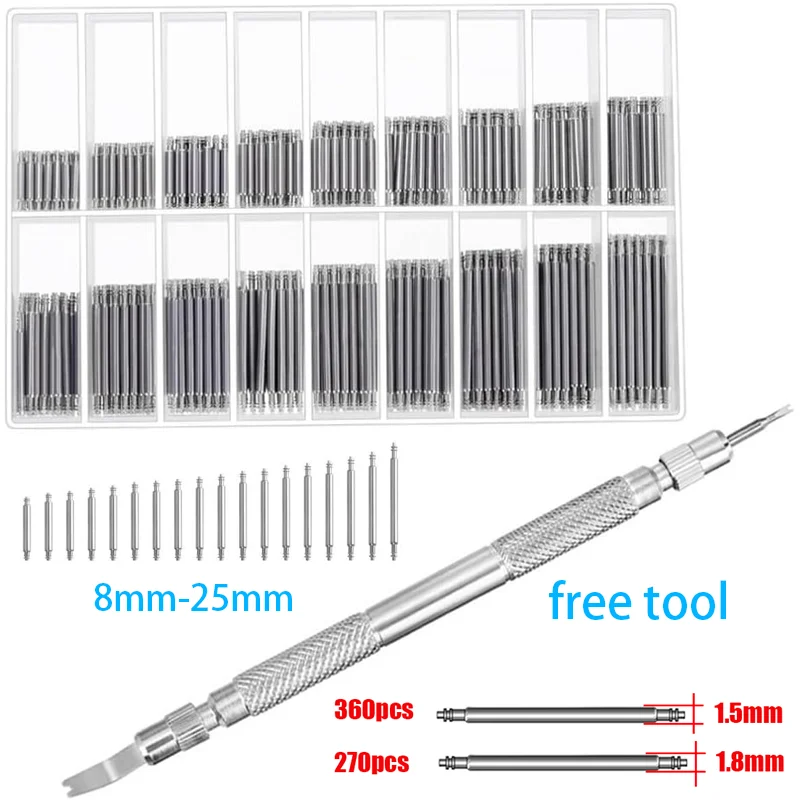 Uhrenarmband-Federstifte, 360 Stück, Edelstahl-Metall-Federstege, 8–25 mm, Uhrenarmband-Verbindungsstifte, Reparaturwerkzeug, 270 Stück, 1,8 mm, 1,5 mm Image