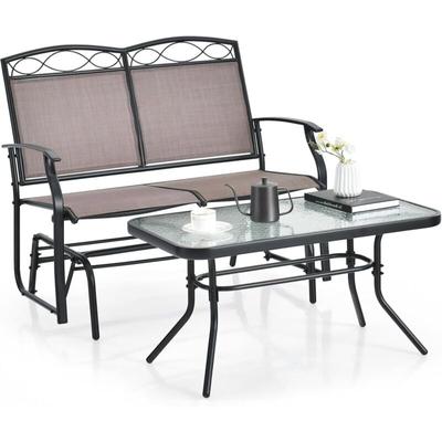 2 teiliges Gartenbank Set, 2-Sitzer Schaukelbank aus Metall & Textilene mit Glastisch, Sitzbank Image