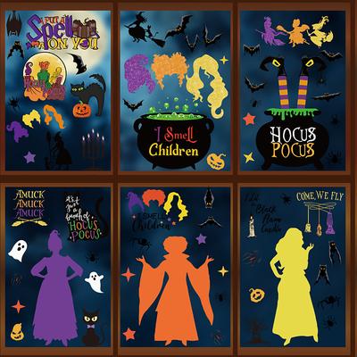 Halloween Window Clings Hocus Pocus Sticker Decal Bat Spider Witch Sisters Halloween Cling Glass Window Waterproof Halloween Decoration for Home Office Classroom School Party Car Mirror Kids