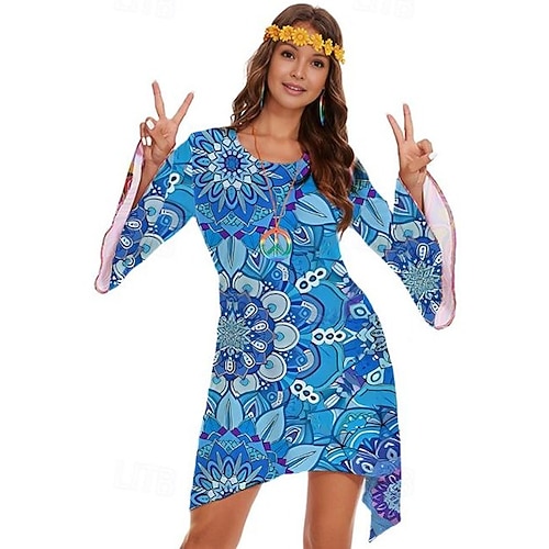 Retro Vintage 1970er 70er-Jahre Damenkostüm Glockenärmel Hippie Disco Grafik Rundhals Kostüm Damen Halloween Karneval Maskerade Party Alltagskleidung Pride Parade Erwachsene Kleid Ganzjahres Image