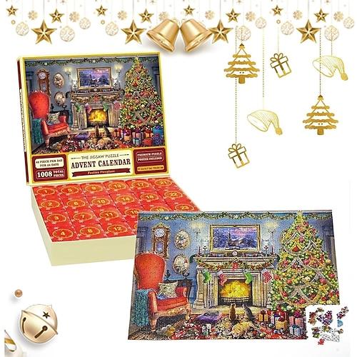 Adventskalender 2024 Weihnachtspuzzle Blindbox Weihnachten am Kamin Feiertagspuzzle für Erwachsene Kinder, 24 Teile 1008 Teile Puzzle Geschenk für den Countdown bis Weihnachten