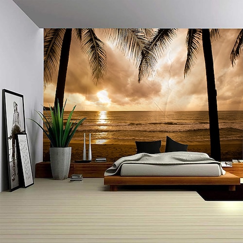 Sonnenuntergang Palmen hängen Wandteppich Kunst große Wandteppich Wandbild Dekor Fotografie Hintergrund Decke Vorhang Haus Schlafzimmer Wohnzimmer Dekoration Wandtuch XXL Natur Image