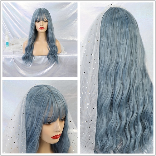 Blonde Perücken für Frauen Synthetische Perücke Tiefe Welle Ordentliche Pony Perücke Mittlere Länge Synthetische Haare für Frauen Cosplay Party Mode Blonde Halloween Perücken Image