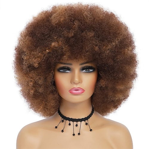 70er Afro Perücken für schwarze Frauen - große Afro Puff Perücke mit Pony kurzes lockiges Kunsthaar für Frauen Image