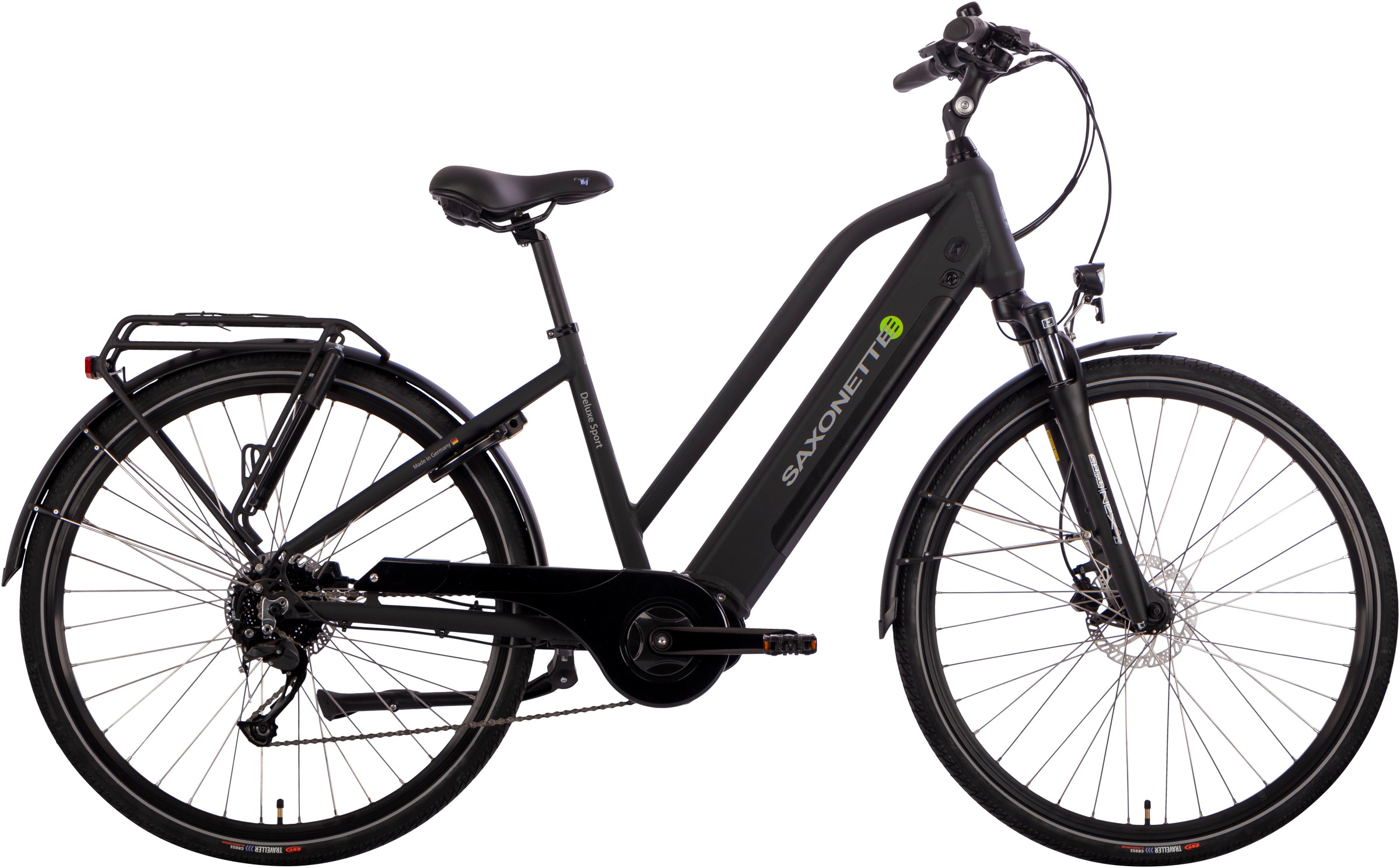 E-Bike SAXONETTE "Deluxe Sport" Gr. 45, schwarz (schwarz, schwarz), Elektrofahrräder, 45cm, 28 Zoll (71,12cm), Pedelec, Elektrofahrrad für Damen u. Herren Image
