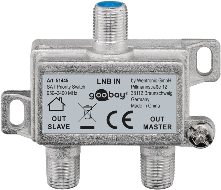 Goobay 51445 SAT Vorrang-Schalter, 1 Stk. im Karton, Silber - verteilt/schaltet 1 LNB auf 2 SAT-Receiver Image
