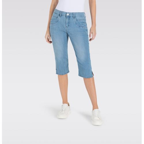 Caprijeans MAC ""Capri"" Gr. 46, Länge 19, blau (lt. blue sky wash) Damen Jeans Eingelegte Zierfalten am Saum