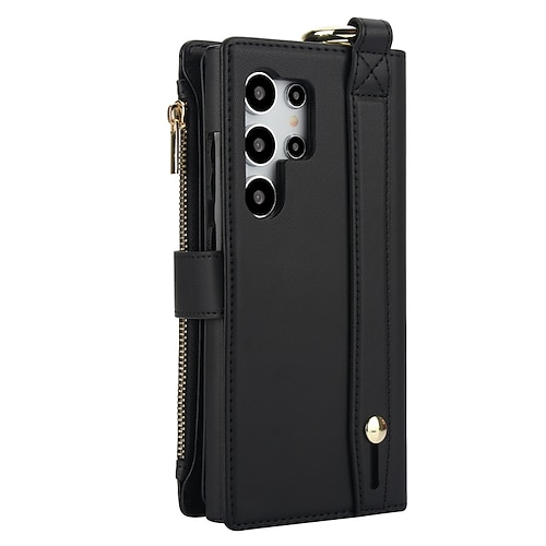 Handy Hülle Handyhüllen Für Samsung Galaxy S26 Ultra Plus S25 S24 S23 S22 S23 FE S21 Ultra Plus A55 5G A15 A14 Rückseite Brieftaschenhülle Mit Ständer Ringhalter Reisverschluss Retro TPU PU-Leder Image