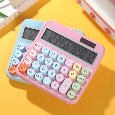 Mechanical Calculator 12 Digit Large LCD Display Big Round Button 15°Tilt Screen Cute Candy Colored