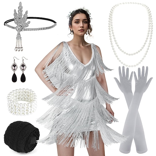 Goldene Zwanziger 1920er Cocktailkleid Mini Flapper Kleid Kleid Outfits Ärmellos Der große Gatsby Charleston Hochzeitsgast Pailletten Quastenfransen Feder V Ausschnitt Kostüm Damen Neujahr Maskerade Image