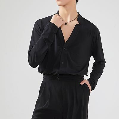 Latin Dance Shirt Pure Color Men's Performance Daily Wear Long Sleeve Crystal Cotton