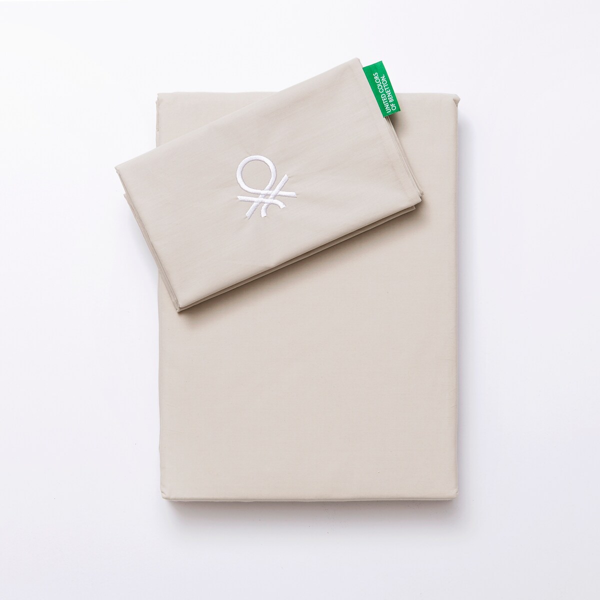 Benetton - 2-teiliges Bettwäscheset (Bettbezug 135 x 200 cm + Kissenbezug 80 x 80 cm), 200 Tc, 100 % Baumwolle, beige und weiß, neutral Image