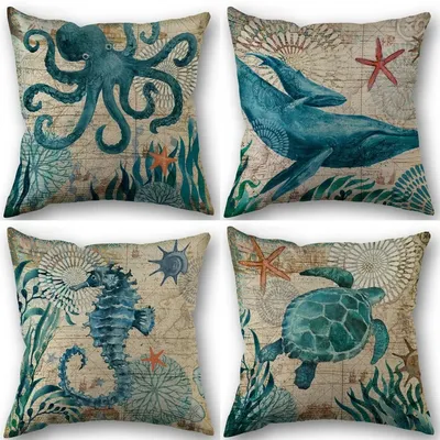 Meeres lebewesen Schildkröte Seepferdchen Wal Oktopus Kissen bezug Kissen bezug Retro Leinen Stoff Image